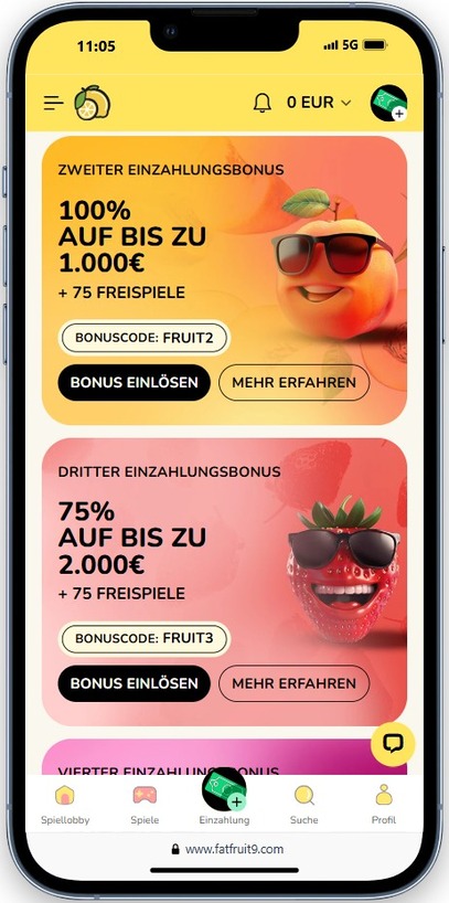 Mobile Screenshot vom FatFruit Casino Willkommensbonus.