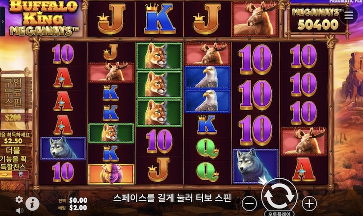 프라그마틱 플레이 슬롯 게임 'Buffalo King Megaways' – 야생 동물 테마와 최대 50,400 메가웨이즈 방식의 온라인 슬롯 화면