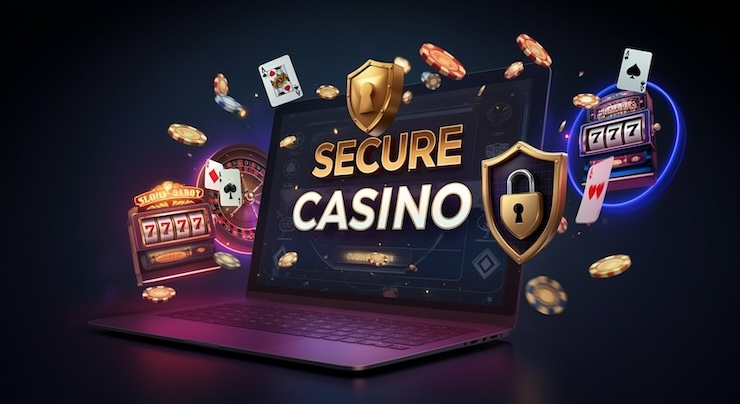 보안이 강화된 온라인 카지노를 표현한 이미지. 노트북 화면에 'SECURE CASINO'라는 문구가 표시되어 있으며, 주위에는 슬롯머신, 포커 카드, 칩, 금화, 방패와 자물쇠 아이콘이 떠다니며 안전한 온라인 도박 환경을 강조함
