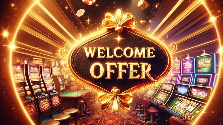 온라인 카지노 웰컴 보너스 프로모션 – 슬롯 머신이 있는 화려한 카지노 배경과 'WELCOME OFFER' 텍스트 중심 이미지