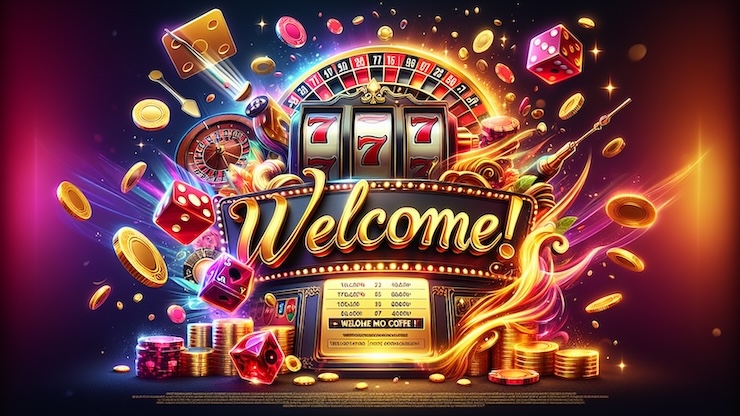 카지노 환영 보너스 프로모션 이미지 – 슬롯머신, 주사위, 칩, 동전과 함께 'Welcome' 문구가 강조된 화려한 카지노 배너 디자인
