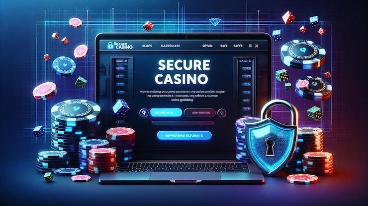 보안이 강화된 온라인 카지노를 나타내는 일러스트 이미지. 노트북 화면에는 'Secure Casino'라는 문구가 표시되어 있으며, 주변에는 빛나는 포커 칩, 주사위, 보안 자물쇠 아이콘이 배치되어 안전한 온라인 카지노 환경을 강조함