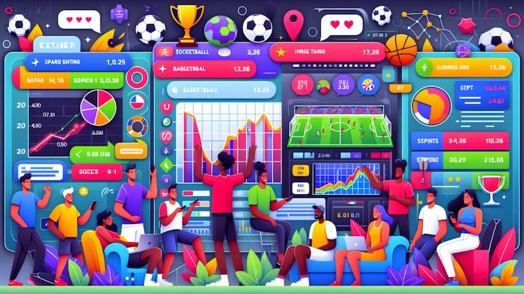 여러 사람이 노트북과 스마트폰으로 축구, 농구 등 스포츠 베팅을 즐기며 데이터 그래프와 경기 화면을 보는 장면