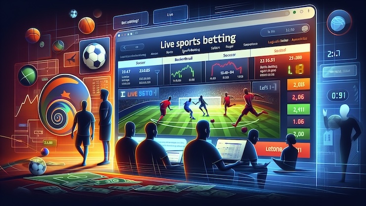 컴퓨터 화면에서 실시간 스포츠 배팅 인터페이스를 확인하는 사람들. 화면에는 축구, 농구 등의 경기 정보와 배당률 그래프, 배팅 옵션이 표시되어 있으며, 주변에는 스포츠 관련 아이콘과 데이터 시각화 요소들이 배치되어 있다