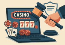Een foto van een laptop met gokelementen wat online casino's moet voorstellen. Daarnaast zien we de hamer van een rechter, wat sterkere regulering van de KVA moet voorstellen.