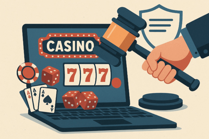 Een foto van een laptop met gokelementen wat online casino's moet voorstellen. Daarnaast zien we de hamer van een rechter, wat sterkere regulering van de KVA moet voorstellen.