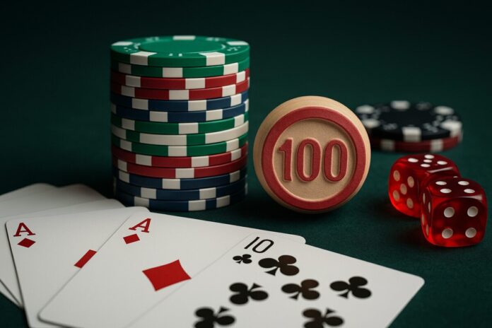 Pokerfiches, kaarten en dobbelstenen