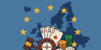 Illustratie van Europa met speelkaarten en dobbelstenen