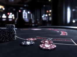 Ett pokerbord med marker inne i ett casino
