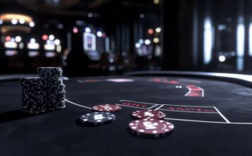 Ett pokerbord med marker inne i ett casino