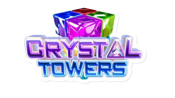 Logotyp för "Crystal Towers" med färgglada kristallkub-ikoner ovanför texten.