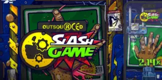 Tecknad spelautomat med en hand, sågklinga och texten "Slash Game" samt varningsskyltar.