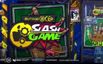 Tecknad spelautomat med en hand, sågklinga och texten "Slash Game" samt varningsskyltar.