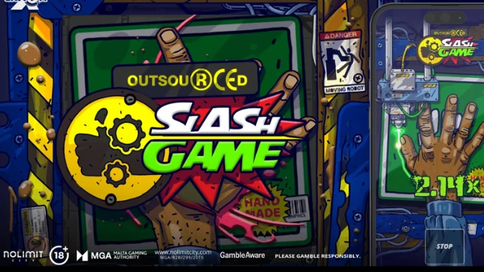 Tecknad spelautomat med en hand, sågklinga och texten "Slash Game" samt varningsskyltar.