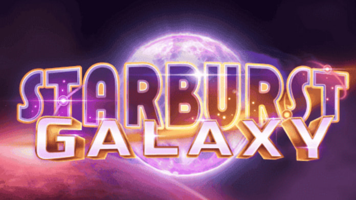 Texten "Starburst Galaxy" i stora, färgglada bokstäver framför en lysande galax i rymden