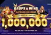 Reklambild för "Drops & Wins" med casinotema, stor text om 1 000 000 euro/pund i månaden och två personer vid spelbord.