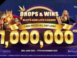 Reklambild för "Drops & Wins" med casinotema, stor text om 1 000 000 euro/pund i månaden och två personer vid spelbord.