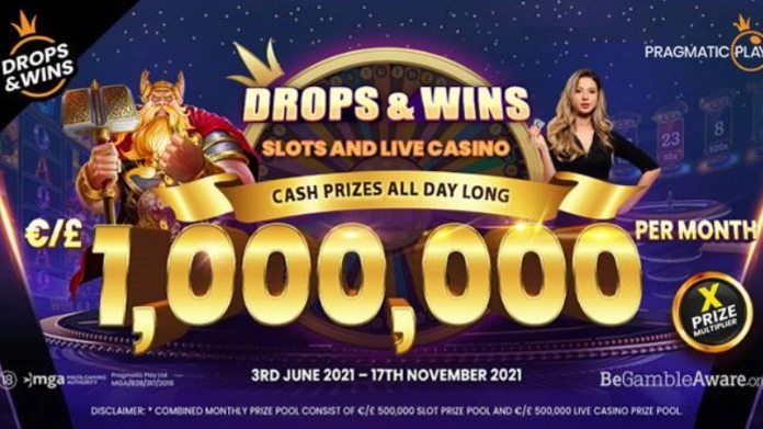 Reklambild för "Drops & Wins" med casinotema, stor text om 1 000 000 euro/pund i månaden och två personer vid spelbord.