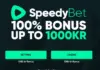 SpeedyBet 100% bonus upp till 1000 kr för betting och casino, två gröna knappar för val.