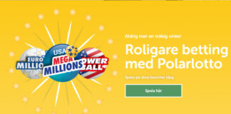 Tre logotyper för EuroMillions, Mega Millions och Powerball med texten "Roligare betting med Polarlotto".