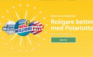 Tre logotyper för EuroMillions, Mega Millions och Powerball med texten "Roligare betting med Polarlotto".