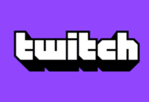 Twitch-logotyp med vit text och svart skugga på lila bakgrund.