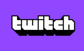 Twitch-logotyp med vit text och svart skugga på lila bakgrund.