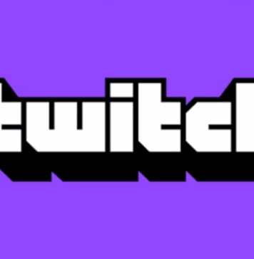 Twitch-logotyp med vit text och svart skugga på lila bakgrund.