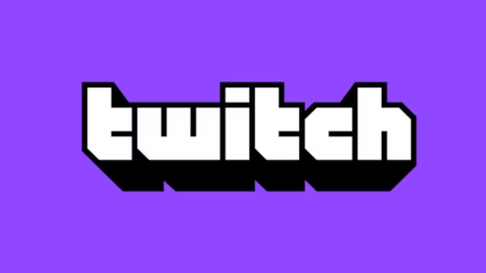 Twitch-logotyp med vit text och svart skugga på lila bakgrund.