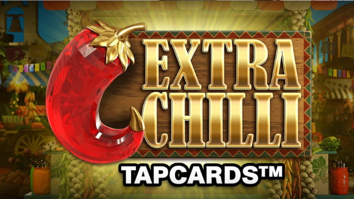 Stor röd chilifrukt och texten "EXTRA CHILLI TAPCARDS" mot en färgstark marknadsbakgrund.
