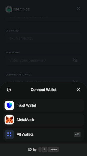 Connect Wallet på Mega Dice för att spela casino med krypto