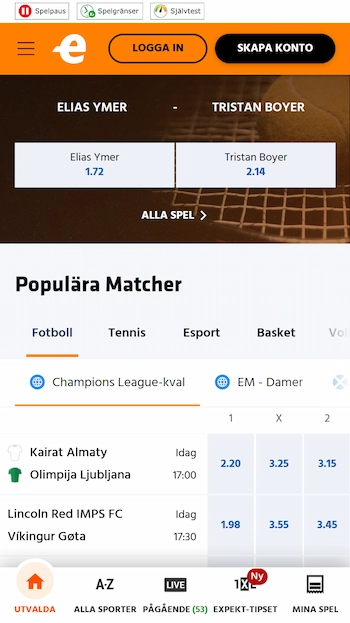 Nya Expekt bettingsida skärmbild från mobilen