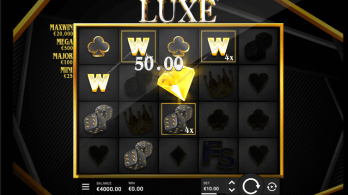 Slotspel med symboler, wilds och diamantvinst på skärmen. Balans €4000, insats €10, maxvinst €20 000.
