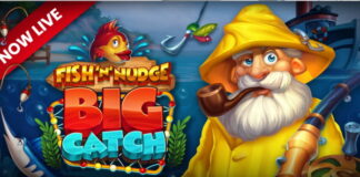 Färgglad reklam för spelet Fish 'n' Nudge Big Catch med fiskare, fiskespö och tecknad fisk i bakgrunden.