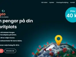 Skärmbild med text om lotteriet Pangeo, världskarta med markörer och knappar för att delta.