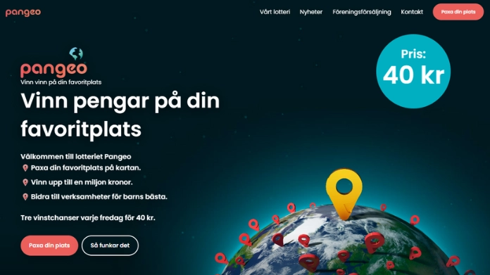Skärmbild med text om lotteriet Pangeo, världskarta med markörer och knappar för att delta.