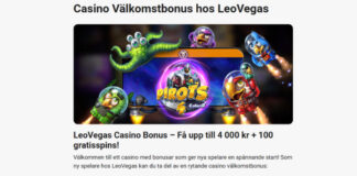Kampanjbild för LeoVegas casino med figurer från spelet Pirots 4 och text om välkomstbonus.