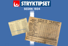 Historisk Stryktipset-kupong och vinstlista mot blå bakgrund med texten "STRYKTIPSET SEDAN 1934".