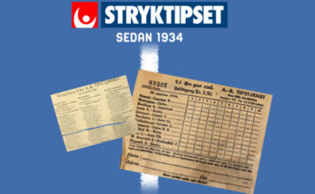 Historisk Stryktipset-kupong och vinstlista mot blå bakgrund med texten "STRYKTIPSET SEDAN 1934".