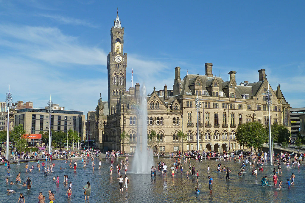 The center of Bradford, in the English county of West Yorkshire.