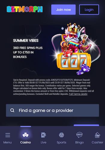 BetMorph Mobile casino lobby