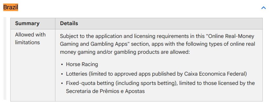 Google’s support page entry for gambling apps in Brazil at the time of writing.