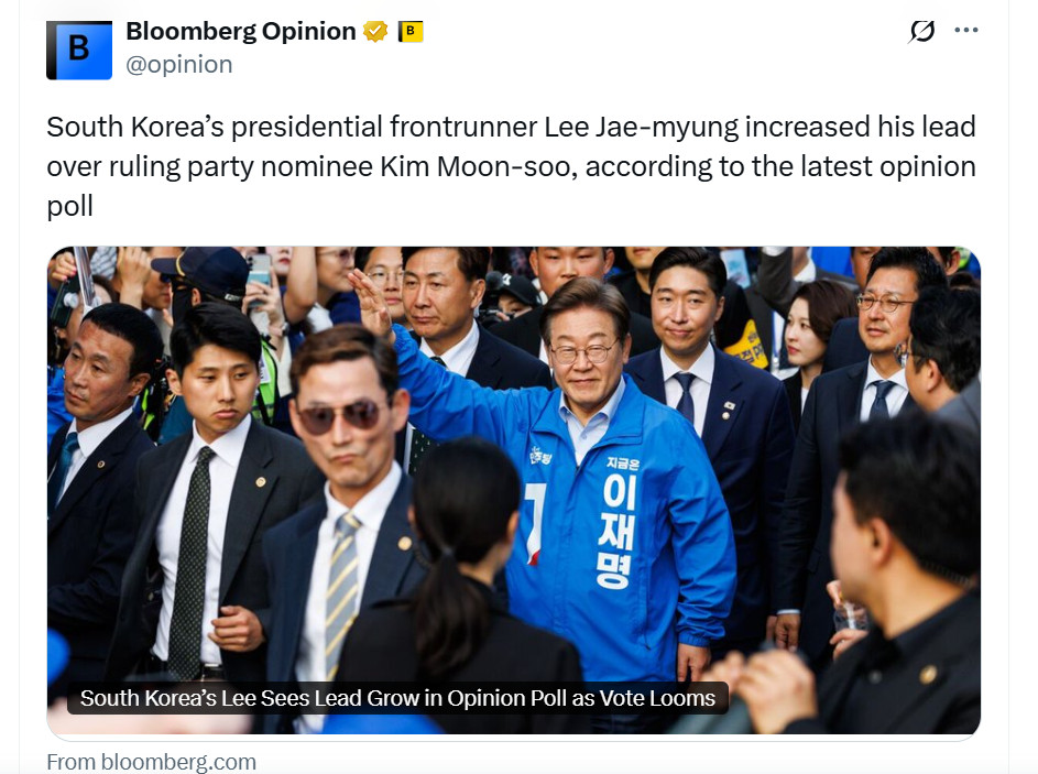 A tweet from Bloomberg, reading: “South Korea’s presidential frontrunner Lee Jae-myung increased his lead over ruling party nominee Kim Moon-soo, according to the latest opinion poll.”