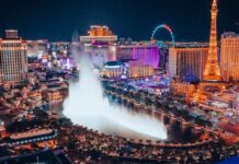 Las Vegas Strip Aerial Shot with Fountains