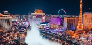 Las Vegas Strip Aerial Shot with Fountains