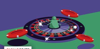 An illustration of a roulette wheel with a green pawn, a white ball, and red chips.