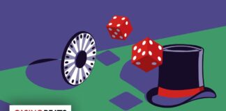 An illustrated casino scene featuring a roulette wheel, two red dice, and a magician's top hat on a green tabletop with a purple background.