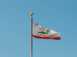 California flag flying in the wind on top of a building
