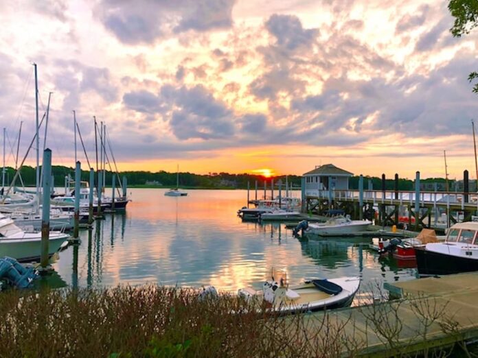 A doc in Connecticut at dusk