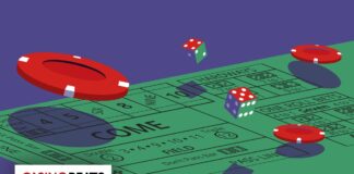 Illustration showing a craps table with red chips and dice